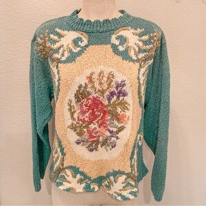 Vintage Casual Corner Floral Cottage Grandma Chunky Knit Sweater Mint Green M